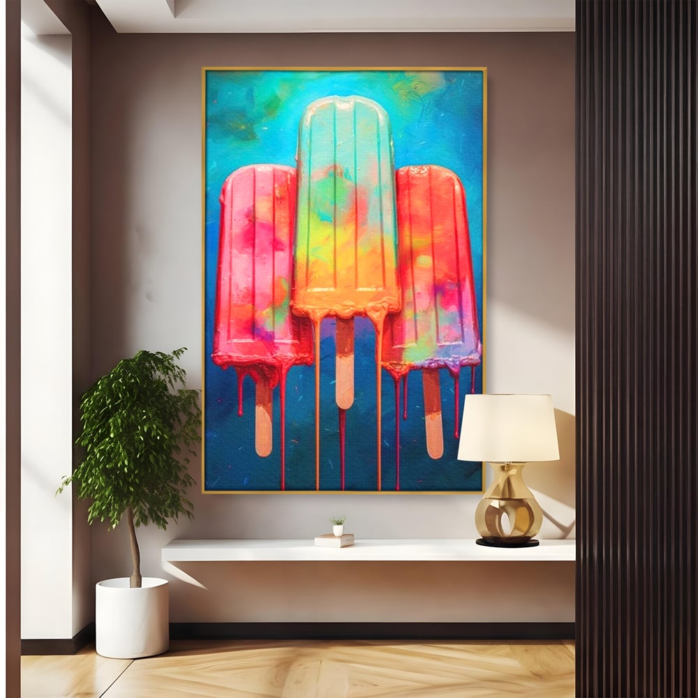Tablou canvas cu pictura digitala cu trei inghetate pe bat colorate, in rama de aluminiu auriu